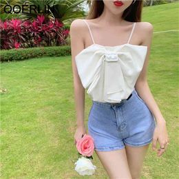 Design Tank Tops Girls Elastic Bust Summer Beach Style Bowtie Sexy Sling Outerwear Short Vest Camisole White Cropped 210601