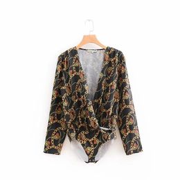 retro chain printing bodysuits cross v neck jumpsuits casual conjoined shorts fashion women long sleeve siamese pants P606 210430