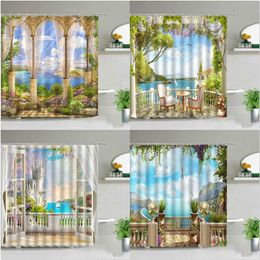 Ocean Scenery Shower Curtains Ldyllic Building Flower Plant Spring Landscape Bathroom Curtain Waterproof Fabric Bathtub Screen 211116