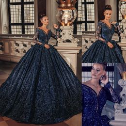 Dark Navy Sequined Ball Gown Evening Dresses Off Shoulder Long Sleeve Lace Appliques Prom Gowns Sweep Train Beads Party Robe de mariée