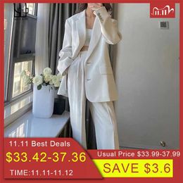 Luck A Women Office White Pink Suit Two-Piece Pantsuit Elegant Blazer Female Set Casual Loose Pants Jacket Work Clothes 211109