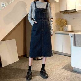 Dark Blue Denim Sundresses Women Pockets Tank Top Dress Retro Summer Woman Casual Loose Shift es Midi Suspender Jeans 210604