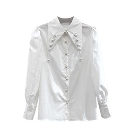 VANOVICH Korean Spring and Summer Nail Bead Turn-down Collar Office Lady Shirts Women 210615