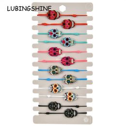 Charm Bracelets 12pcs/lot Enamel Skull Charms Braided Bracelet For Women Child Adjustable Elastic Rope Chain Yoga Anklet Jewellery Gift