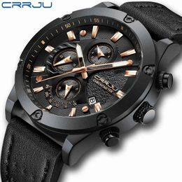 reloj hombre CRRJU Fashion Watch Men Six-pin Chronograph Leather Waterproof Quartz Wristwatches Men's Outdoor Sports Watches 210517