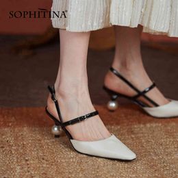 SOPHITINA Concise Style Genuine Leather Female Shoes Women Strange Heel Shallow Pearl Summer Pointed Toe Slingback Pumps FO180 210513