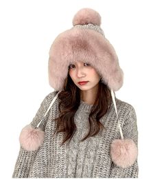 Real Fox Fur Hat Women Ear flaps Earmuffs Cap Winter Warm Beige Pink Black Grey