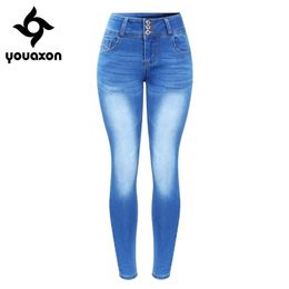 2143 Youaxon Arrived Plus Size Faded Jeans For Women Stretchy Push Up Denim Skinny Pants Trousers 210809