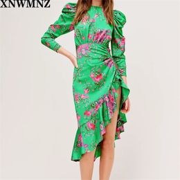 women floral print midi dress asymmetrical Drawstring ruffle skirt tie draped sleeves High Neckline chic female mujer 210520