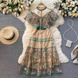 Luxury Europe Style Summer Elegant Women Mesh Embroidery Cloak Sleeve Long Dress Female Party Dresses Vestido 210428