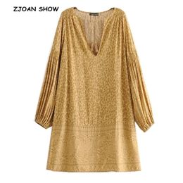 Bohemian Lacing up V neck Leopard print Dress BOHO Ethnic Woman Stream Tassel Pleated Long Sleeve Knee-length Short Dresses 210429