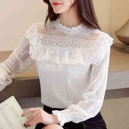 Blouse Women Women Blouses Ruffles Hollow Lace Blouse Shirt Women Tops Blusas Long Sleeve White Blouse Shirts Blusas D371 210426