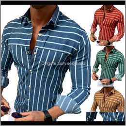Casual Mens Clothing Apparel Drop Delivery 2021 Fashion Men Blouse Business Office Stripe Print Turn Down Collar Button Long Sleeve Shirt Top