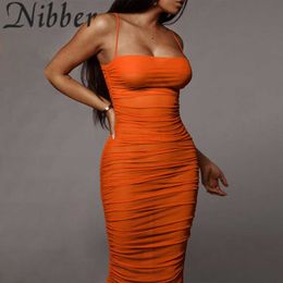 Nibber Mesh Transparent Ruched Sexy Y2k Maxi Dress Women Fashion Spaghetti Strap Backless Party Clubwear 2021 Summer Cothing Y0726