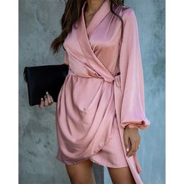 Lantern Sleeve Wrap Satin Dress Women Elegant V Neck Party Short Pink Dress Irregular Winter Night Dress 210415