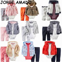 Baby Boys Girls Sets Long Sleeve Romper+ Hooded Coat+Pants 3pcs Suit Kids Clothes E22358 210610