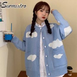 SURMIITRO Autumn Winter Korean Style Cardigan Women Blue White Clouds Knitwear Long Sleeve Sweater Female Knit Jacket Coat 210712