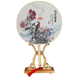 Chinese Style Party Favor Printed Round Hand Held Folding Silk Fan For Event Supplies Dance Wedding Favors