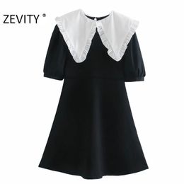 Zevity New Women Sweet Agaric Lace White Peter Pan Collar Patchwork Knitting Black Mini Dress Female Short Sleeve Vestido DS4586 210419