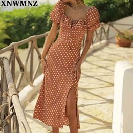 NWMNZ Fashion Short Sleeve Women Midi Dress Holiday White Dot Print Orange Vestido Vintage Side Split Dresses Casual Robe 210510