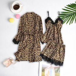 Women's Sleepwear 3PCS Leopard Robe Pyjama Set Satin Silk Cardigan Nightdress Bathrobe Ladies Bath Robes Comfort Underwear Lounge