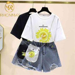 Summer 2 Piece Set Women Loose Short Sleeve Printed T-shirts + High Waist Shorts Denim Clothes Casual Suits Outfits With Bag 210506