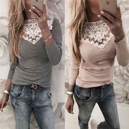 Womens Warm Long Sleeve Knitted Lace Blouse Ladies Tops Pullover Jumper Lace Shirt 210518