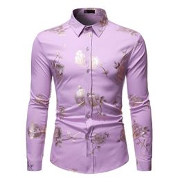 Rose Floral Gold Print Purple Shirt Men Stylish Slim Fit Mens Dress Shirts Casual Long Sleeve Chemise Party Casual Camisas 210522