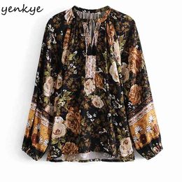 Fashion Women Vintage Floral Print Blouse Lace Up V Neck Lantern Sleeve Casual Boho Top Plus Size Blusas Summer Tops 210514