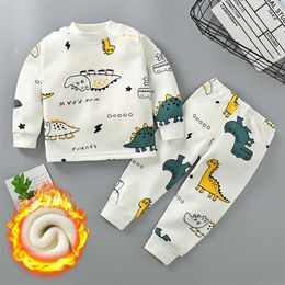 Autumn Winter Plus Velvet Children's Clothing Sets for Girls 3-8y Cotton Thicken Cartoon Pattern Baby Boy Keep Warm Pyjamas Suit 211224