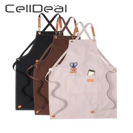 Kitchen Chef Canvas Aprons Multi Pockets Multipurpose Work Apron For Bar Restaurant Grill Cafe Barbecue Milk Tea Shop Garden 210625