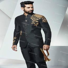 Slim Black Embroidery Wedding Tuxedos Two Set Dubai Arabic Mens Bussiness Evening Prom Party Suit Satin Man African Groom Suits 2021 Groombride Jacket And Pant