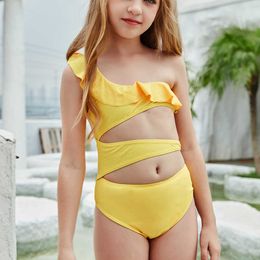 2021 Irregular One Piece Swimsuit for 5~10 Years Old Children Girls Biquini Vintage Solid Swimwear Summer Rufflle Beach Wear