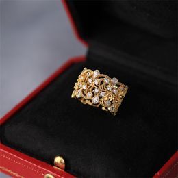 Italian Craft Silver Vintage Court Style S925 Gold-Plated Ring Zircon Hollow-out Clover of Four Leaves Simple Temperament 211217