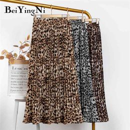 Leopard Printed Pleated Midi Skirts Women Elastic High Waist Fashion Vintage Casual Harajuku Skirt Streetwear Faldas 210506