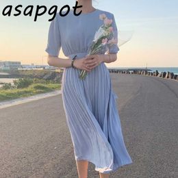 Summer Blue Bandage O Neck Short Sleeve Pleated Dress Lady Slim Waist Temperament Gentle Vestidos Party Maxi Solid Korean 210610