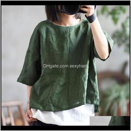 T-Shirt Tops & Tees Womens Apparel Drop Delivery 2021 Johnature Women Vintage Original Solid Colour Linen Spring Female Clothing O-Neck Half S