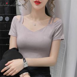 Summer Korean Style Modal Cotton Short T-Shirt Sexy Solid V-Neck Hollow Out Women Tops Sleeve All Match Tees T13025A 210421