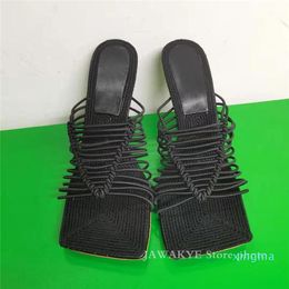 2021 Summer High heels Strappy Sandals Women Thin elastic strap Black Green ladies Party Shoes Runway High Heel Mules Sandals