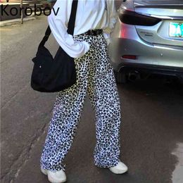 Korobov Korean Retro Leopard Wide Leg Pants Unisex High Waist Hip Casual Trousers Harajuku Style Casual Streetwear Pantalones 210430