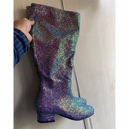 2021 Top Quality Olomm New Fashion Women Knee High Glitter Boots Square Low Heels Boots Round Toe Sier Club Wear Shoes Women