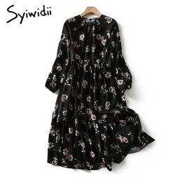 Syiwidii Dress for Women Vintage Floral Print Midi Casual Long Sleeve Spring Summer Empire Plus Size Black Elegant Dresses 210915