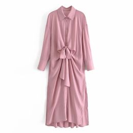 Women Lace Up Bowknot Side Slit Pink Midi Shirt Dress Female Long Sleeve Clothes Casual Lady Loose Vestido D7523 210430