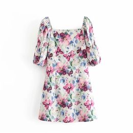 Vintage Ink Style Floral Print Mini Dress Women Fashion Square Collar A-Line Dresses with Lining Female Chic Vestidos 210531