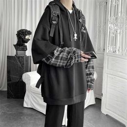 Deeptown Vintage Hoodie Women Streetwear Oversized Sweatshirt Punk Long Sleeve Pullovers Korean Grunge Plaid Splice Hoody 211104