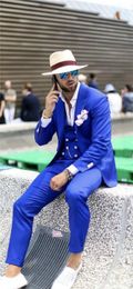 Fashion One Button Royal Blue Groom Tuxedos Peak Lapel Wedding/Prom/Dinner Groomsmen Men Suits Blazer (Jacket+Pants+Vest+Tie) W1415