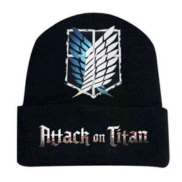 Anime Attack on Titan Hats Knitted Beanies Wings of Liberty Freedom Printed Cap Anime Warmer Bonnet Casual Costume hat Y21111
