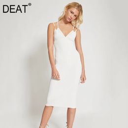 Women White Sexy Spagheti Staple Mid Calf Dress V- Neck Sleeveless Loose Fit Fashion Tide Spring Summer GX888 210421