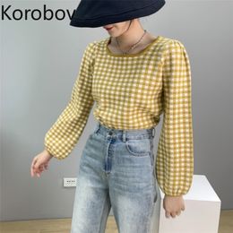 Korobov Autumn Women Square Collar Pullovers Korean Plaid Long Sleeve Sweaters Vintage Preppy Style Sueter Mujer 210430