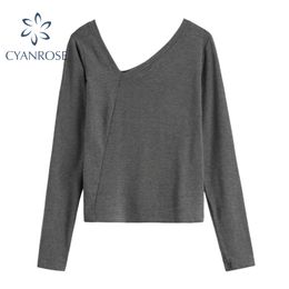 Grey Irregular Collar T Shirt For Women Long Sleeve Stylish Chic Tees And Tops Korean Elegant Solid Regular Pullover Tops 210417